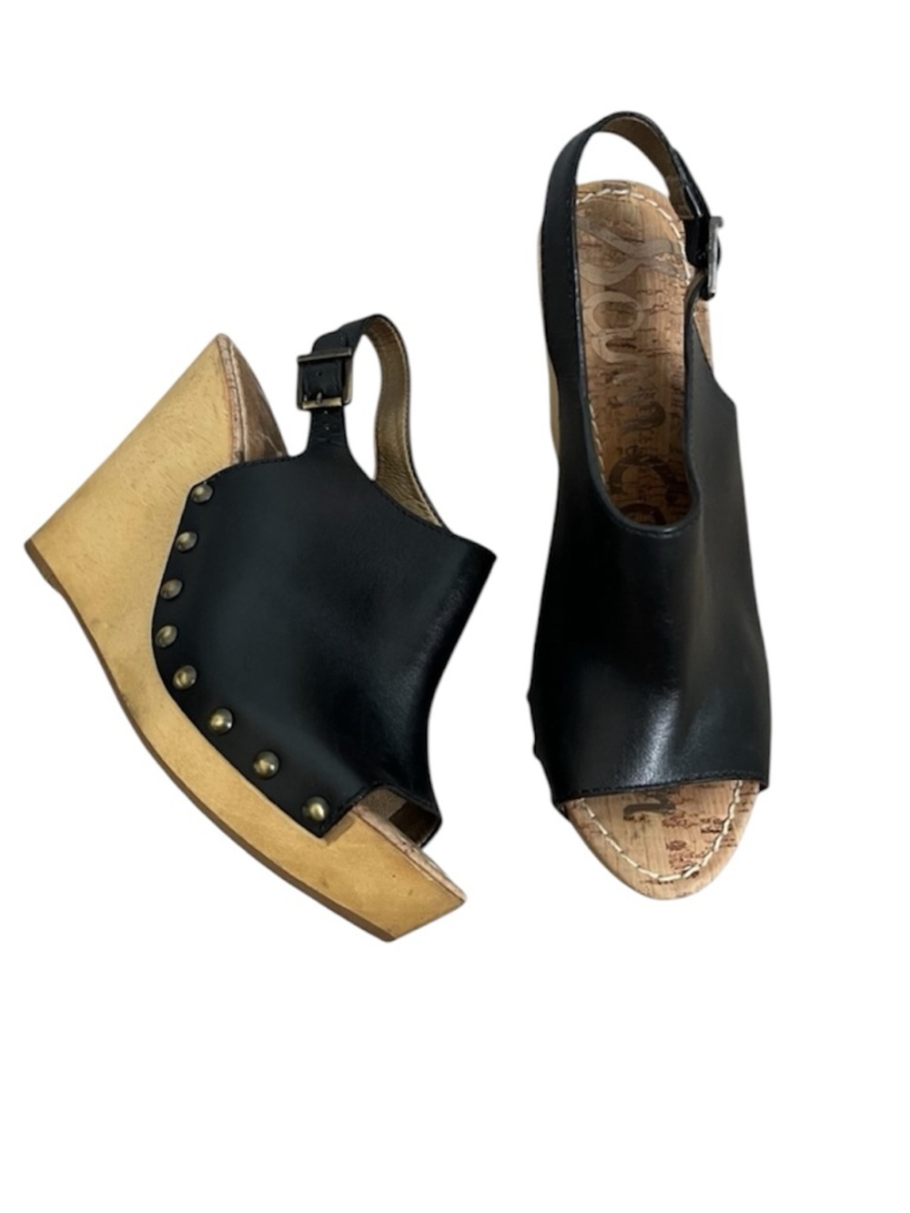 Sam Edelman Camilla Black Leather Studded Cork Wedge Open Toe Sandals Size 9